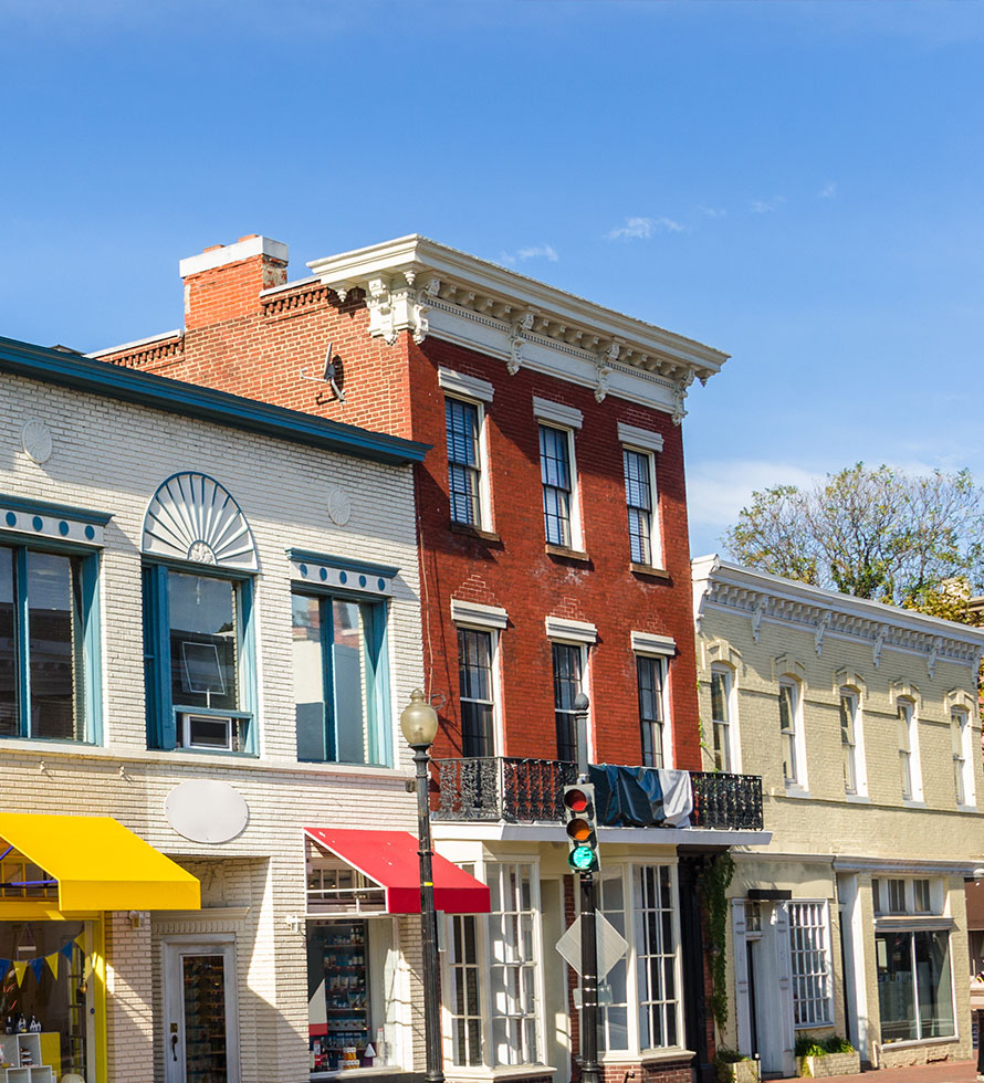 a historic street with shops