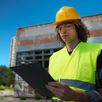 young roofing service estimator looking at clip board 