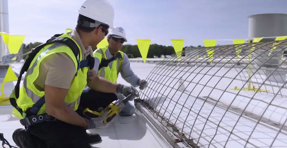 two roofers discussing something