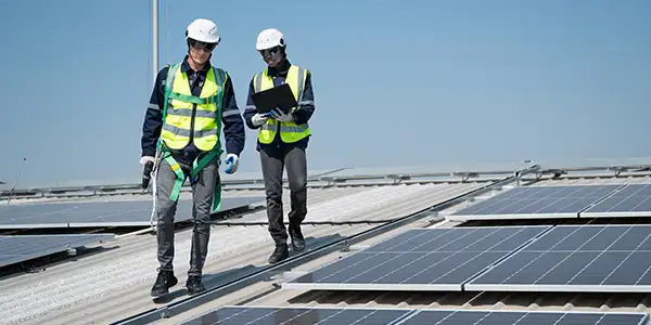 two roofers walking